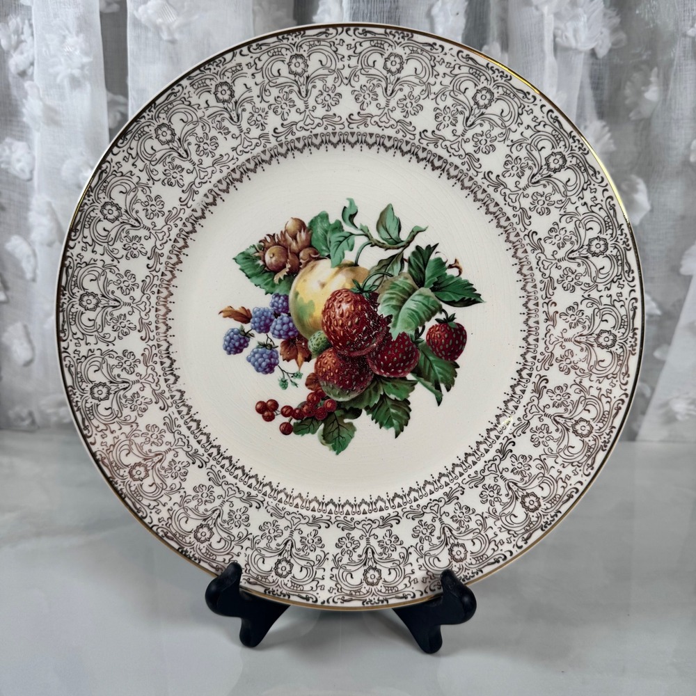 Vintage Salem Ovenproof 23 K Gold Embellished‎ Fruit Pattern Plate 11" Crazing